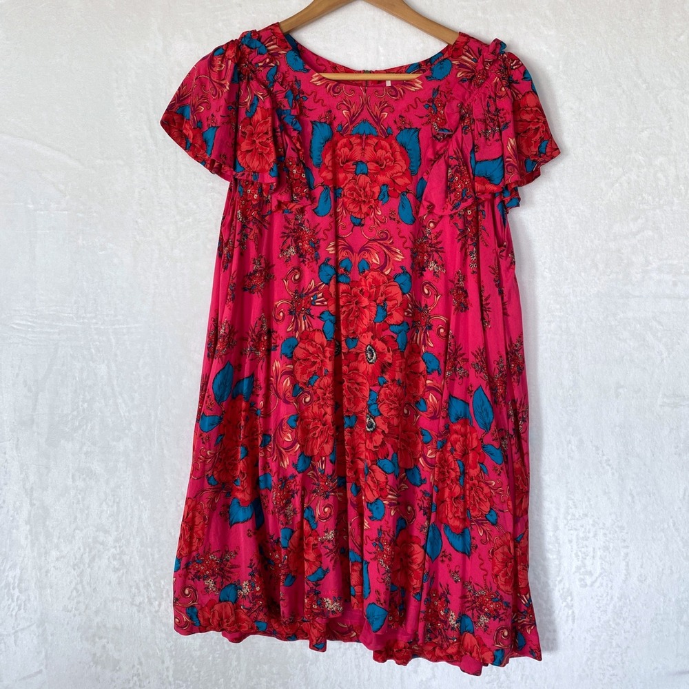 Free People Yara Mini Floral Print Short Sleeve Ruffle‎ Dress Pink Oversize S